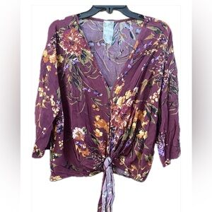 Anthropologie M Blu Pepper burgundy floral V-Neck Tie Front Blouse new